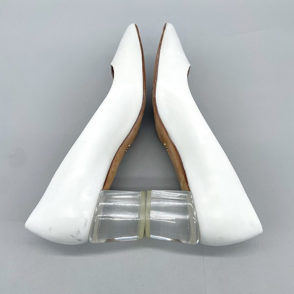 Stuart Weitzman Womens 6M Carole 50mm Pumps White Leather Pointed Toe Clear Heel - Picture 10 of 12